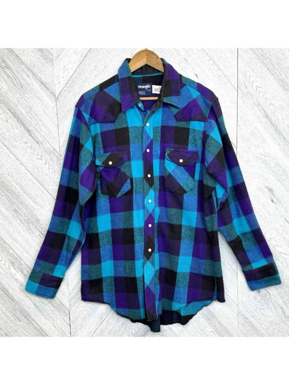 Vintage 90s Wrangler Western Flannel Shirt Pearl Snap Mens L Long Tails 17.5/35